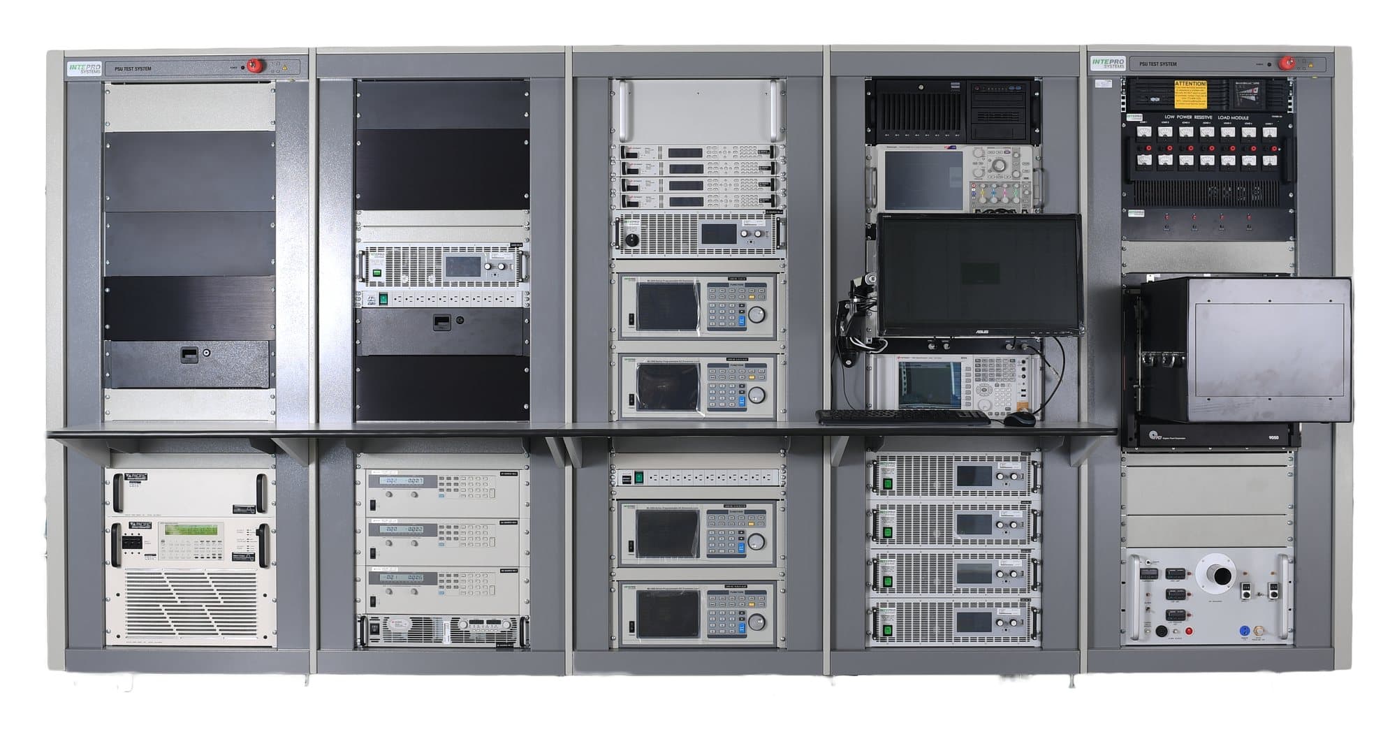 A five-bay Intepro rack row: sources, loads, switching and measurement in one integrated system