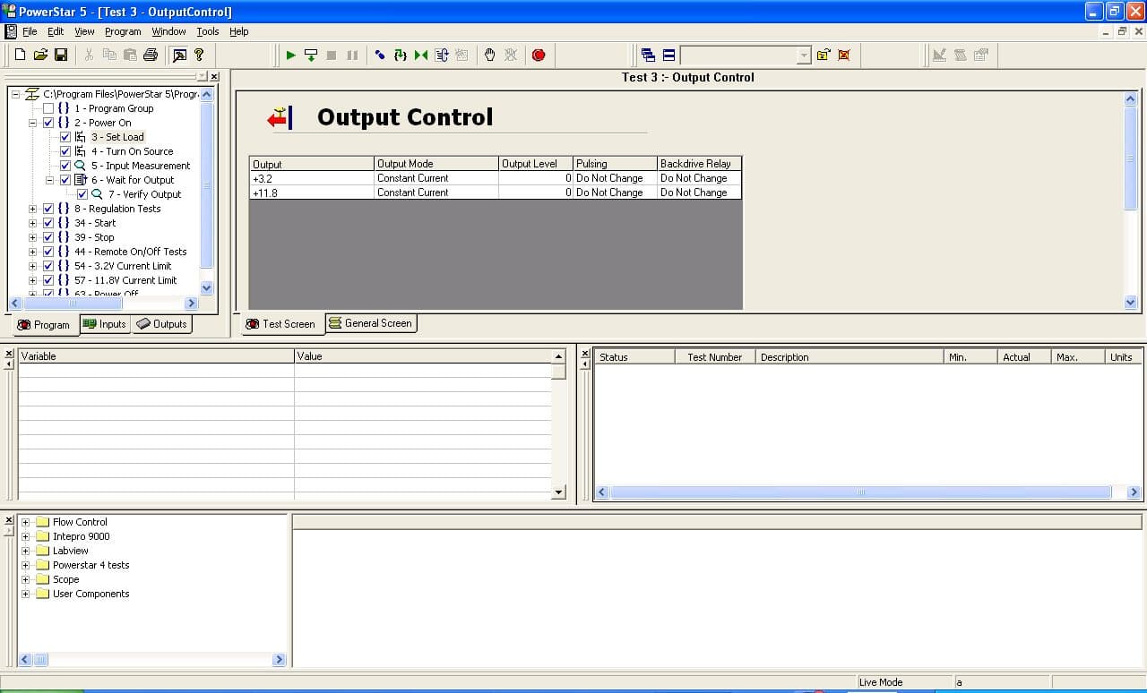 PowerStar test editor with the sequence tree, step parameters and limits