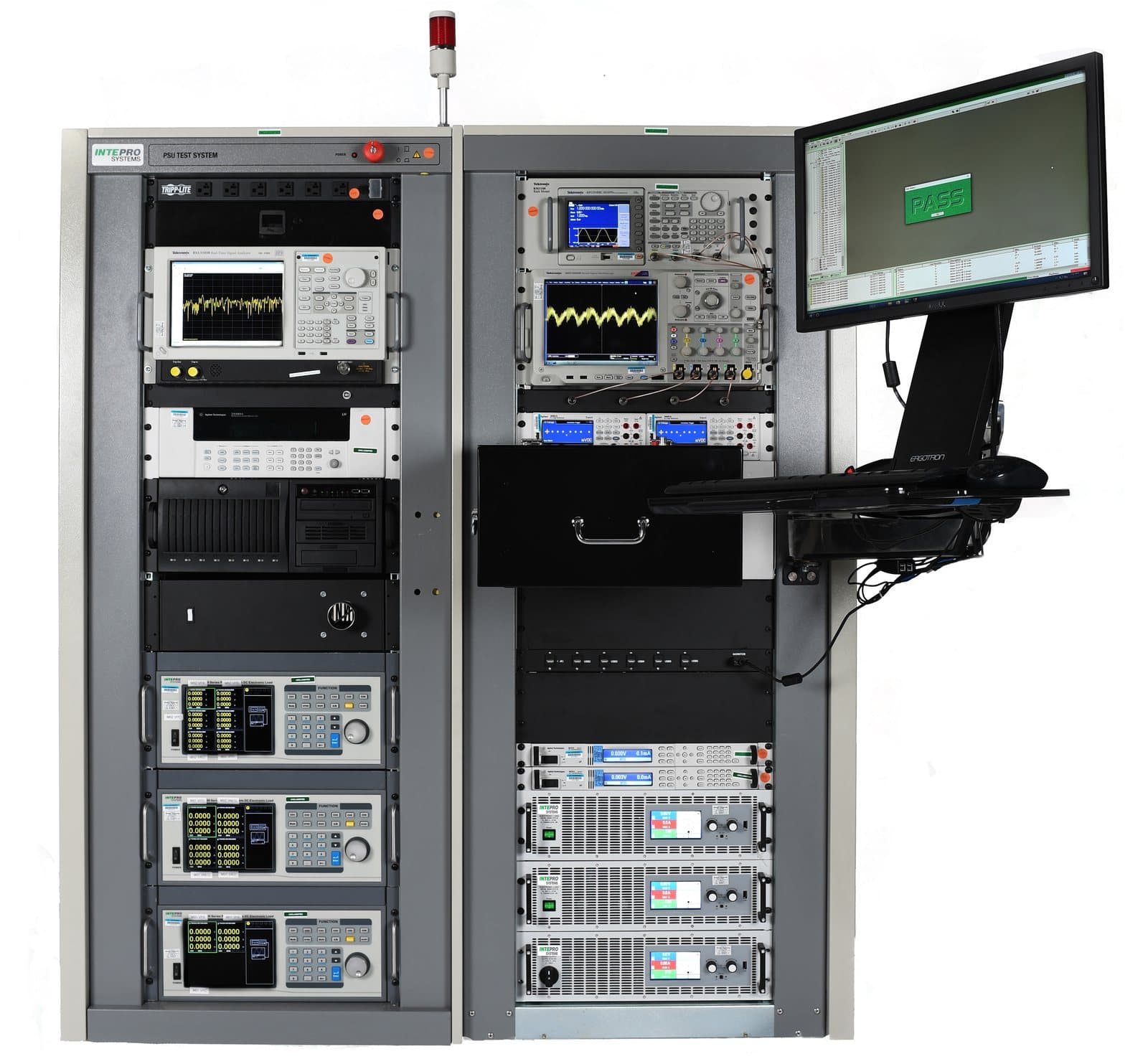 A single-rack Intepro ATE station with a monitor arm, configured for long-duration testing